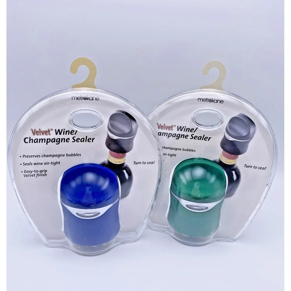 Set 2 Metrokane Velvet Wine Champagne Sealer Blue Green Gift NEW